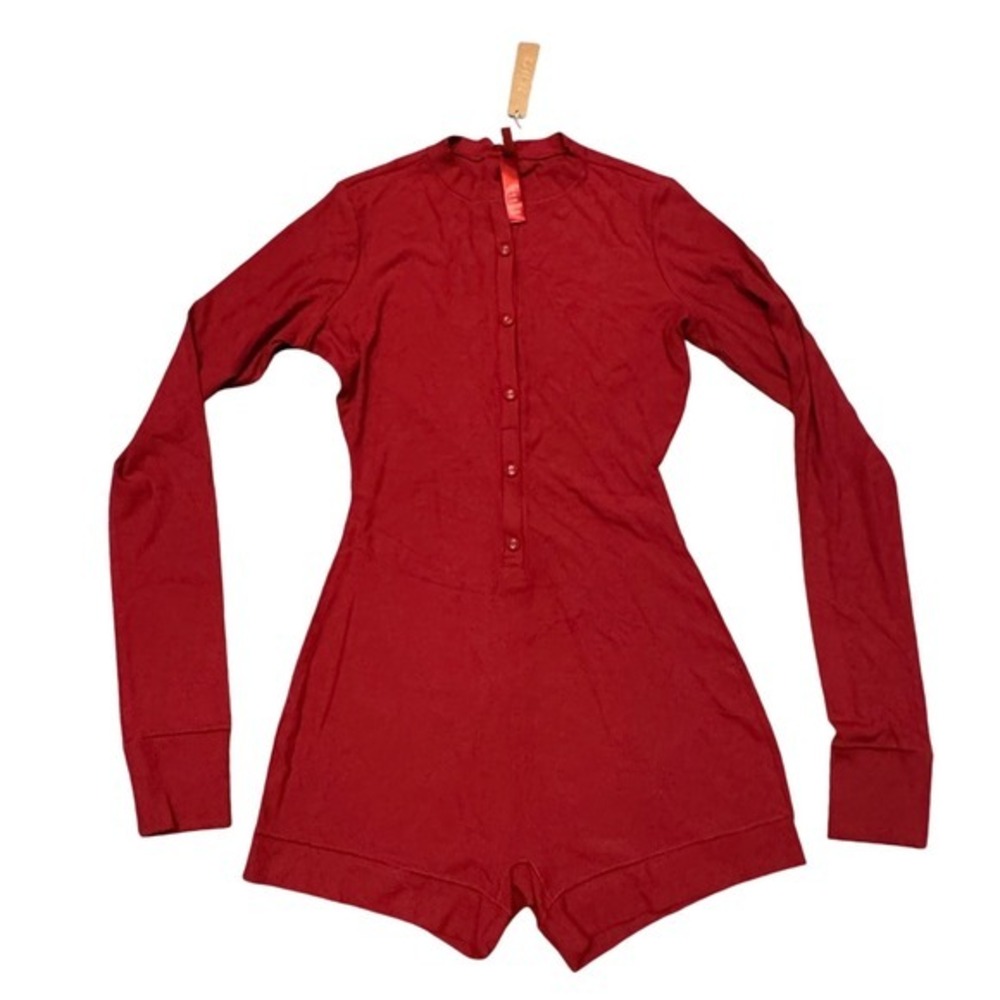 Skims Soft Lounge Button Up Henley Onesie Brick Red Ribbed Romper XL - Picture 2 of 5